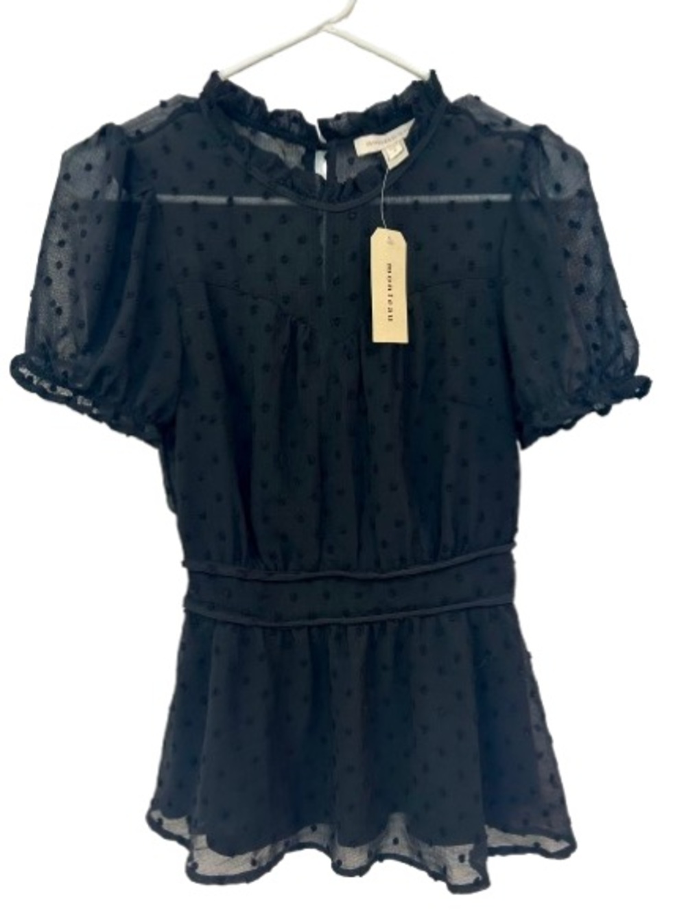 NWT Monteau Black Swiss Dot Peplum Blouse S